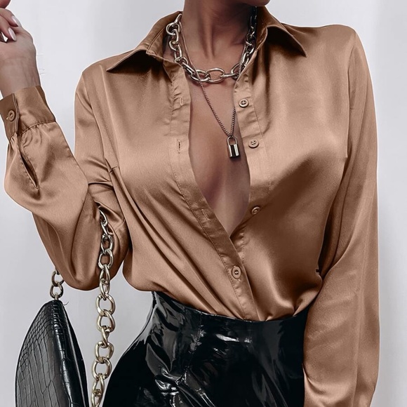 BellanBlue Tops - Classic Satin Camel button up minimalist Boyfriend Shirt